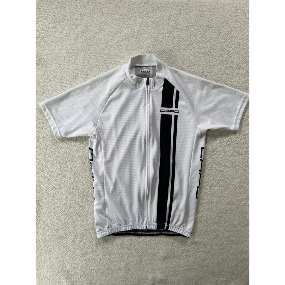 Capo Mens Medium Cycling Jersey White Black Racing Stripe Short Sleeve Italy